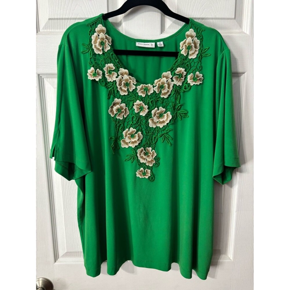 Susan Graver Liquid Knit Floral Appliquéd Top Kelly Green Plus Size 2X Stretchy